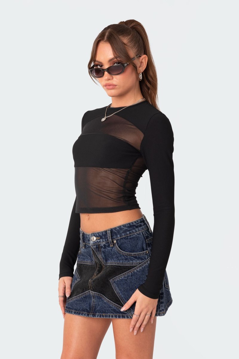 Edikted Azal Half Ribbed Mesh Long Sleeve Tops Black | USA ML680668S3