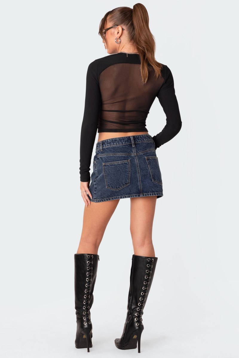 Edikted Azal Half Ribbed Mesh Long Sleeve Tops Black | USA ML680668S3