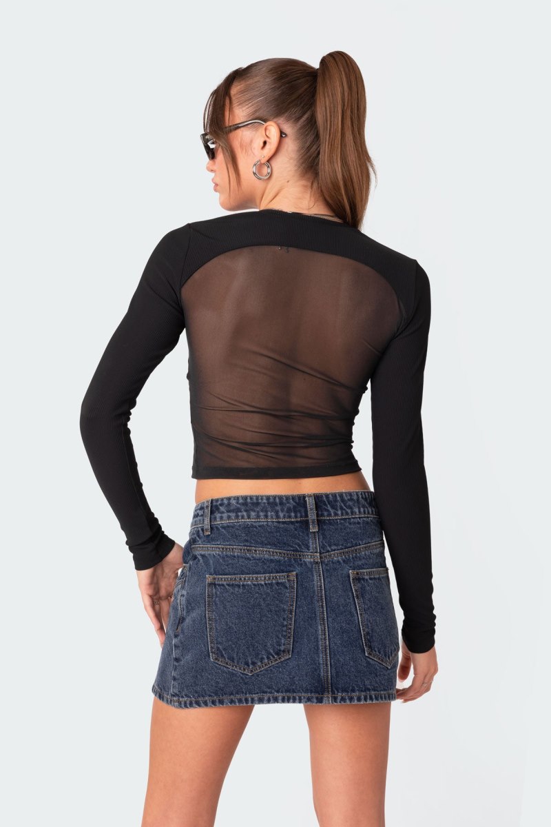 Edikted Azal Half Ribbed Mesh Long Sleeve Tops Black | USA ML680668S3