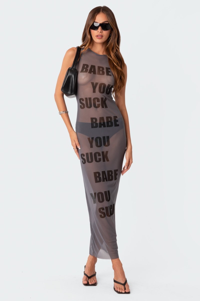 Edikted Babe Sheer Mesh Maxi Dress Maxi Dress Gray | USA KX076757H4