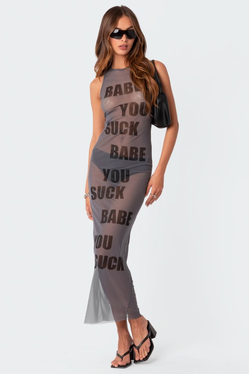 Edikted Babe Sheer Mesh Maxi Dress Maxi Dress Gray | USA KX076757H4