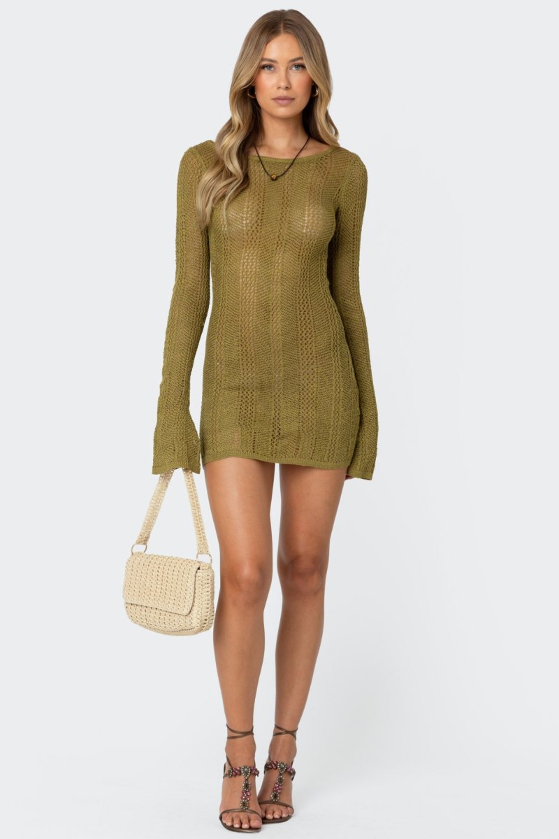Edikted Back Cut Out Crochet Mini Long Sleeve Dress Olive | USA HS793709G1
