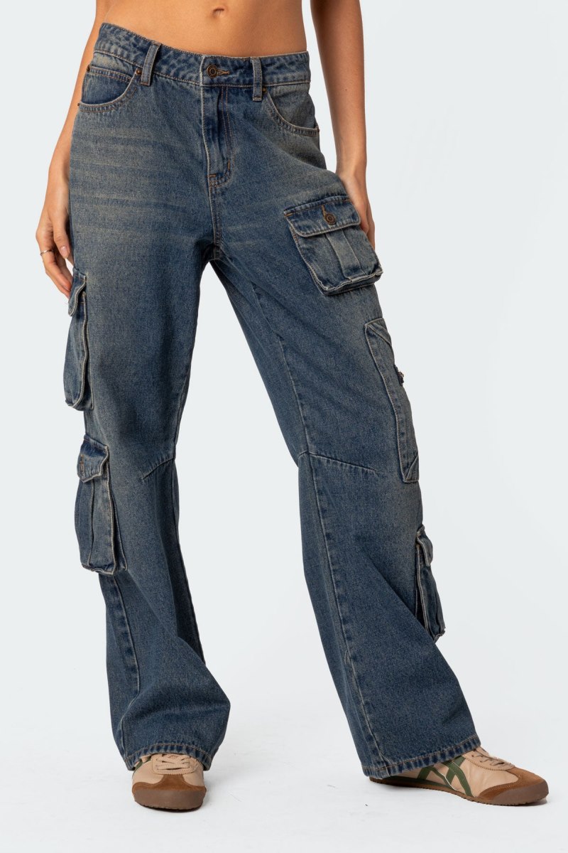Edikted Baggy Boyfriend Cargo Jeans Cargo Pants Blue Washed | USA QS124042T6