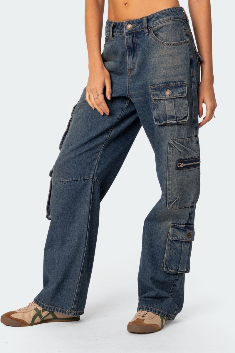 Edikted Baggy Boyfriend Cargo Jeans Cargo Pants Blue Washed | USA QS124042T6