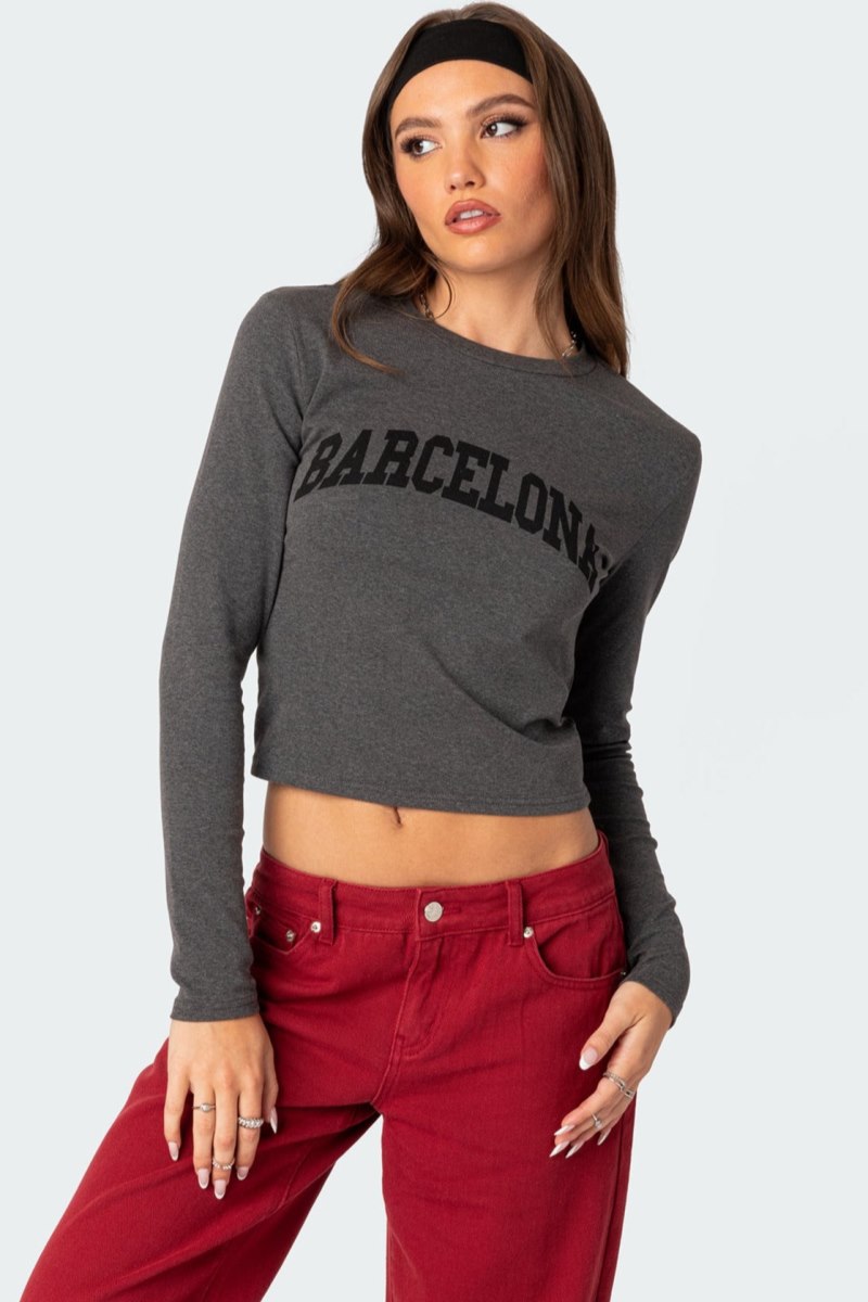 Edikted Barcelona Long Sleeve T-Shirt Graphic Tops Dark Gray | USA YB110731E6