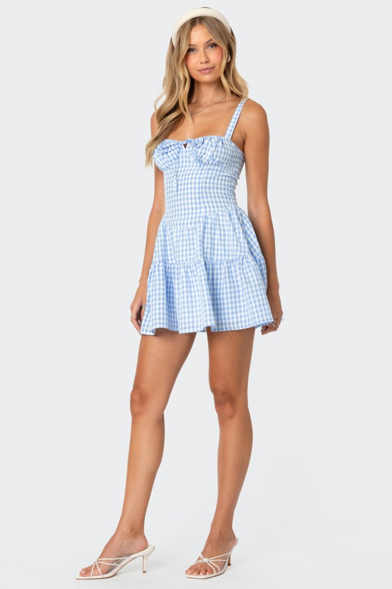 Edikted Basil Cupped Gingham Mini Dress Blue And White | USA WU629272G2