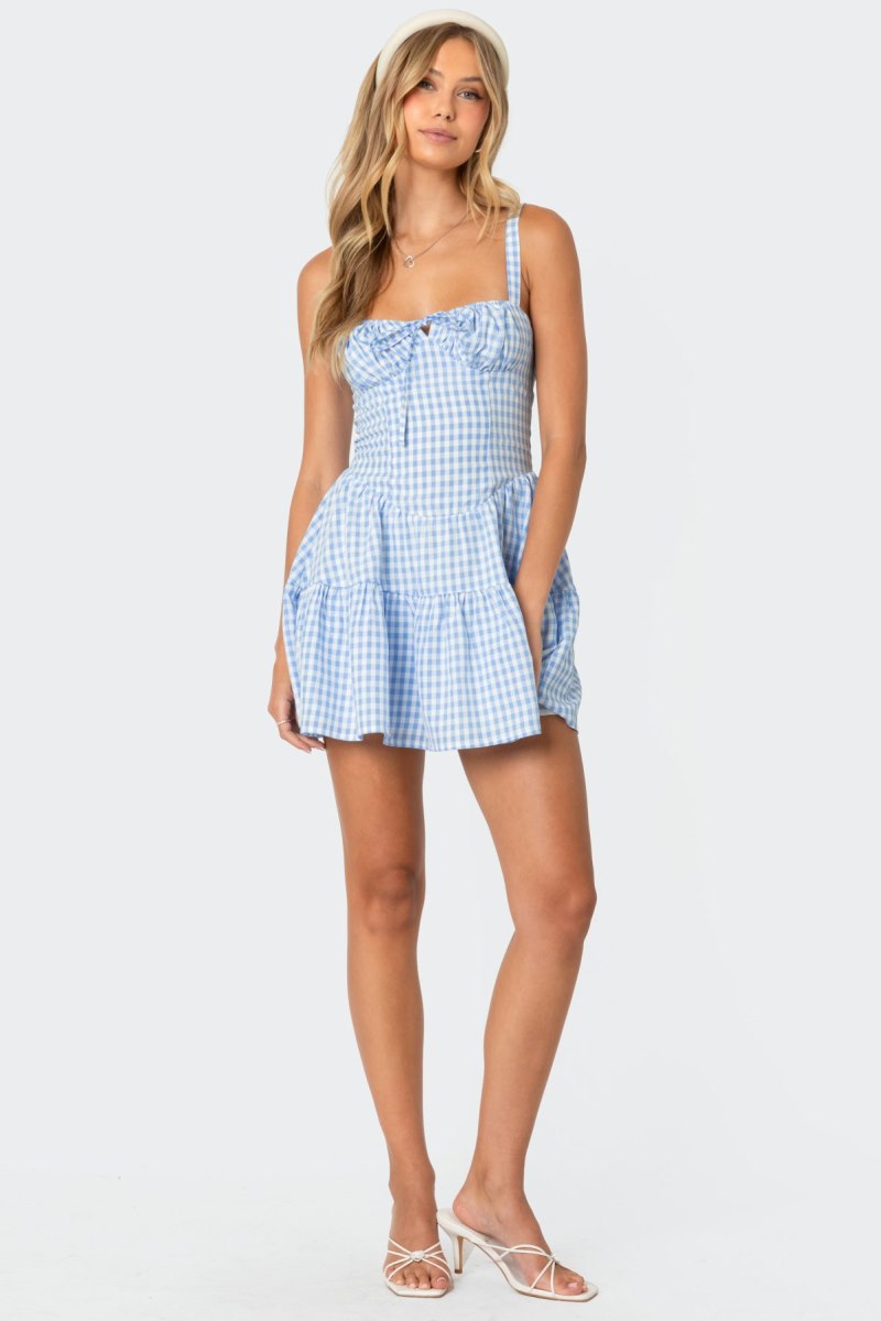 Edikted Basil Cupped Gingham Mini Dress Blue And White | USA WU629272G2