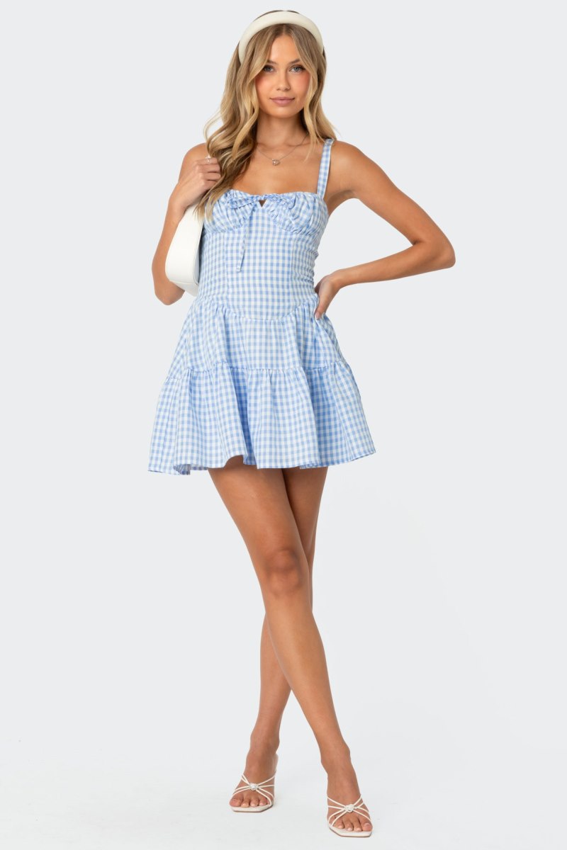 Edikted Basil Cupped Gingham Mini Dress Blue And White | USA WU629272G2