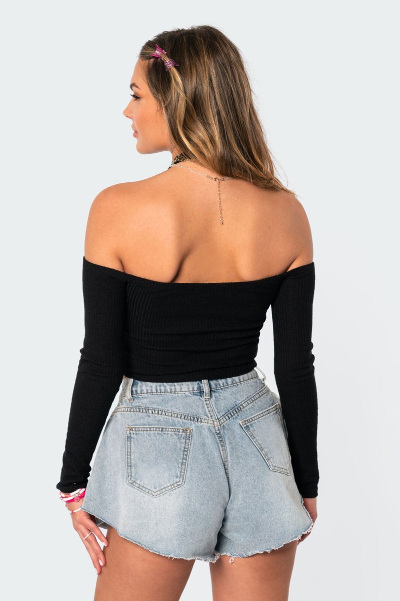 Edikted Be Kind Off The Shoulder Long Sleeve Tops Black | USA PU474437S7