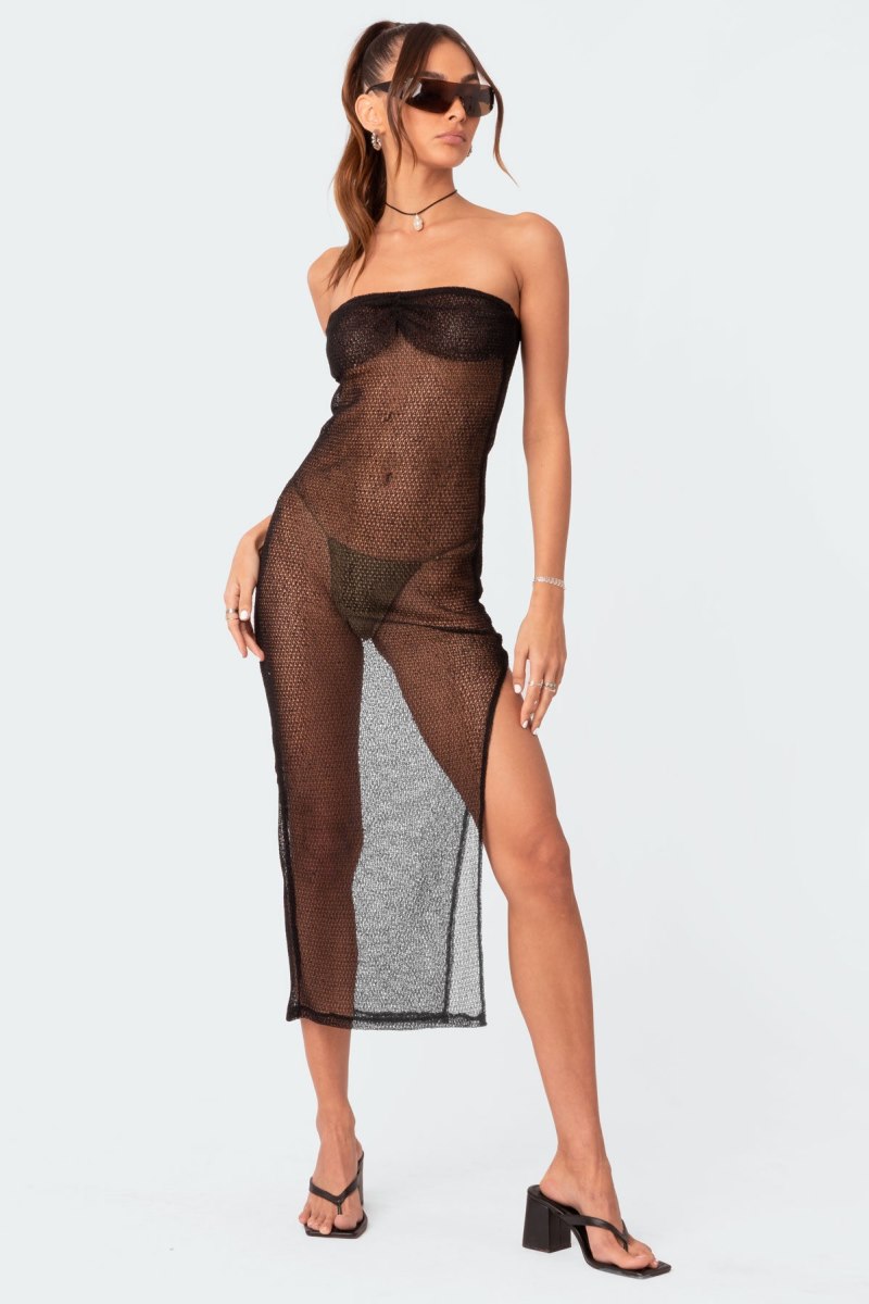 Edikted Beachside Sheer Knit Maxi Dress LBD Black | USA JA543684N7