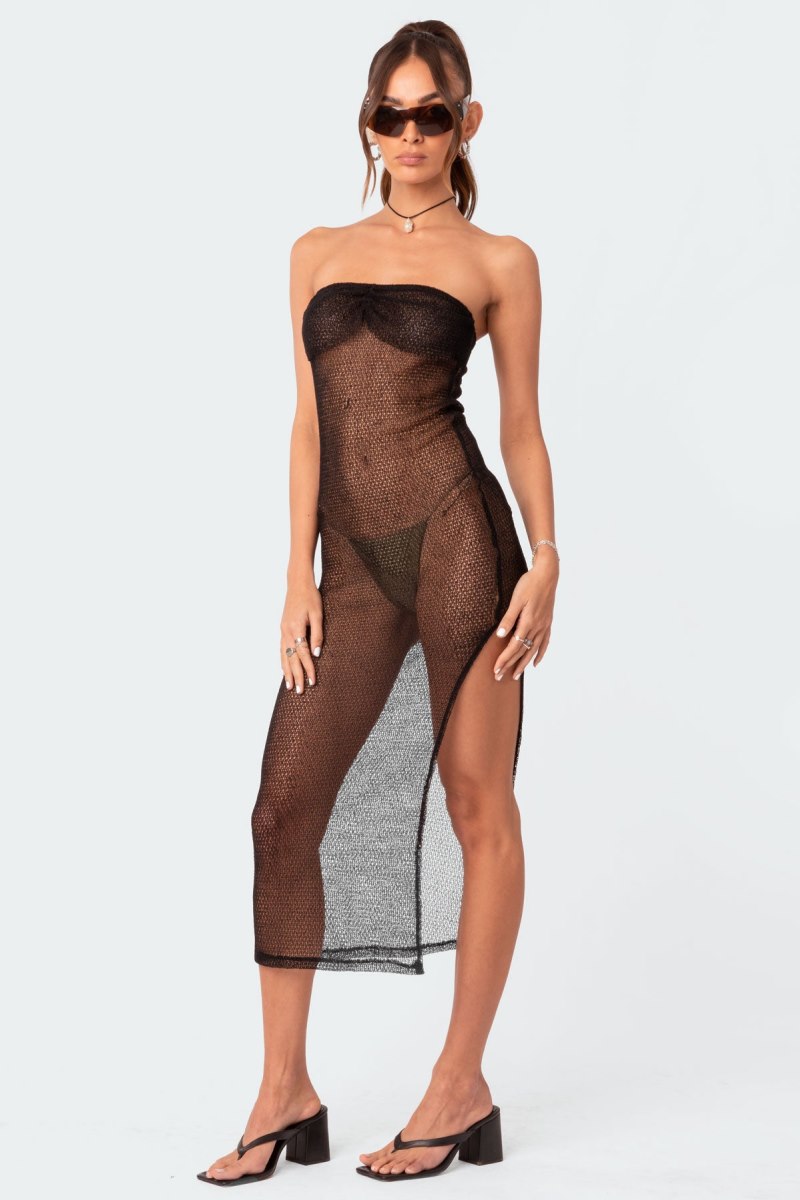 Edikted Beachside Sheer Knit Maxi Dress LBD Black | USA JA543684N7