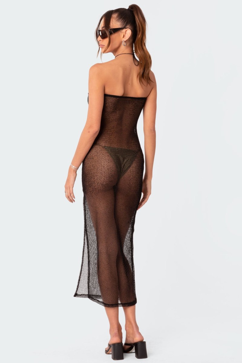 Edikted Beachside Sheer Knit Maxi Dress LBD Black | USA JA543684N7