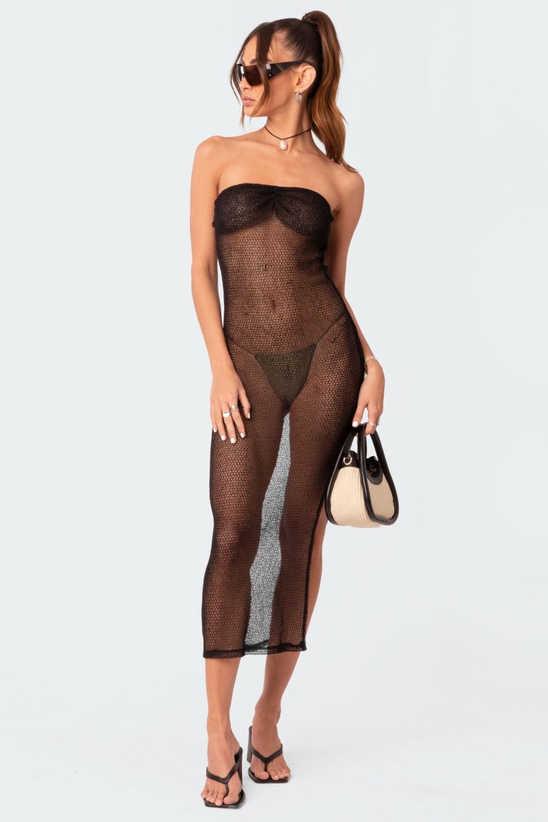 Edikted Beachside Sheer Knit Maxi Dress LBD Black | USA JA543684N7