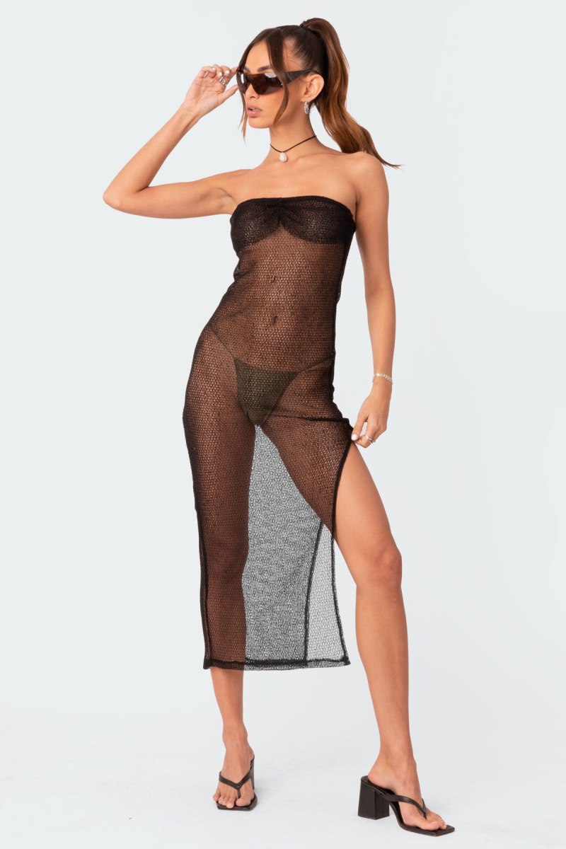 Edikted Beachside Sheer Knit Maxi Dress Maxi Dress Black | USA IP657235A7