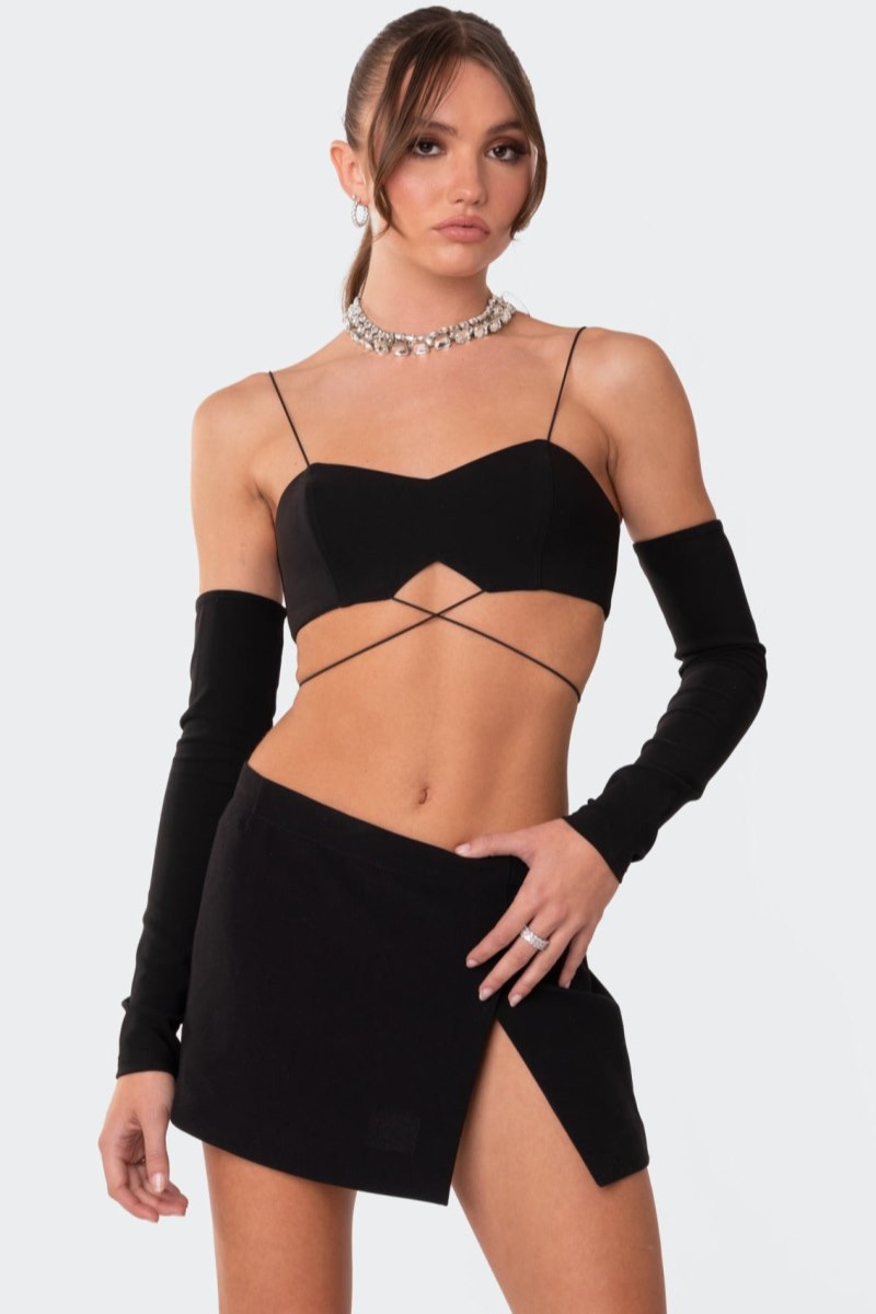 Edikted Beatrix separate sleeves crossed crop Long Sleeve Tops Black | USA RF553235U3