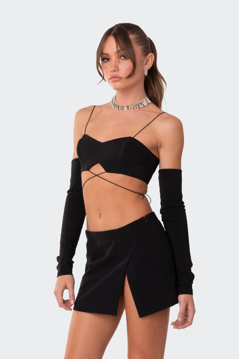 Edikted Beatrix separate sleeves crossed Crop Tops Black | USA TD767436P3