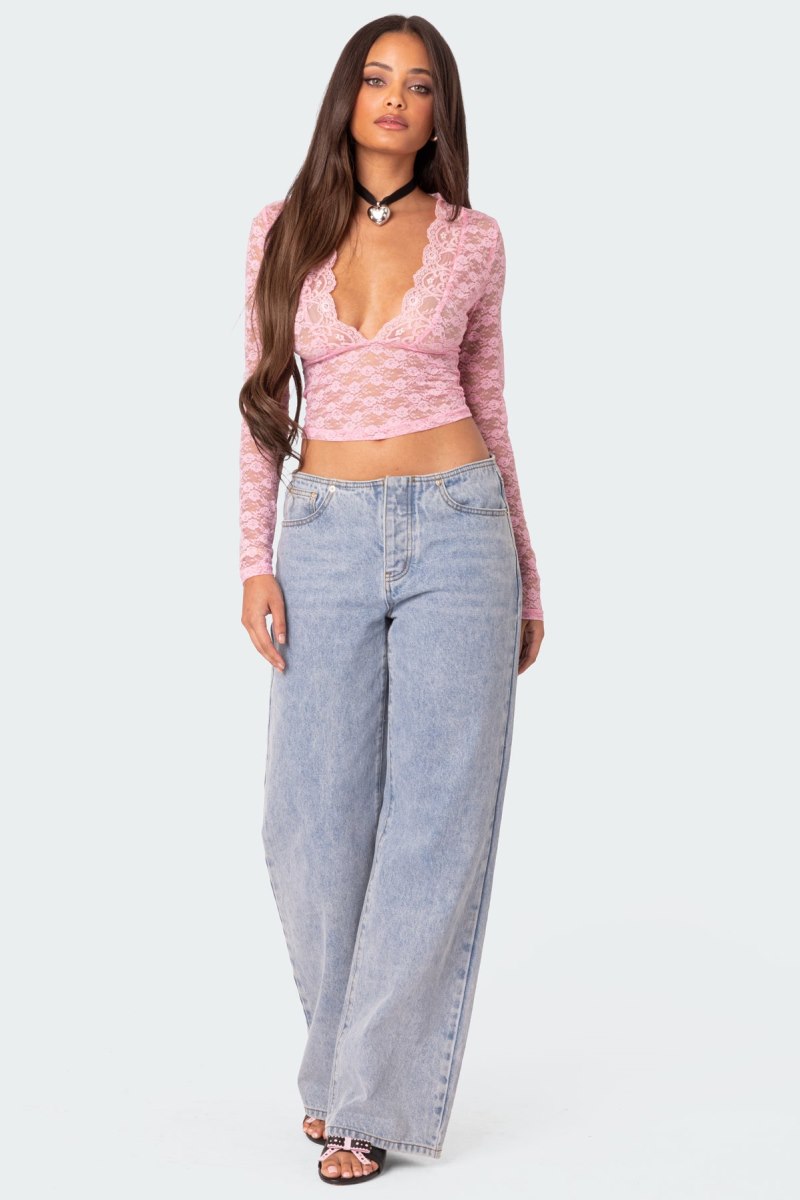 Edikted Beck Plunge Neck Sheer Lace Crop Tops Black | USA GL676317Y4