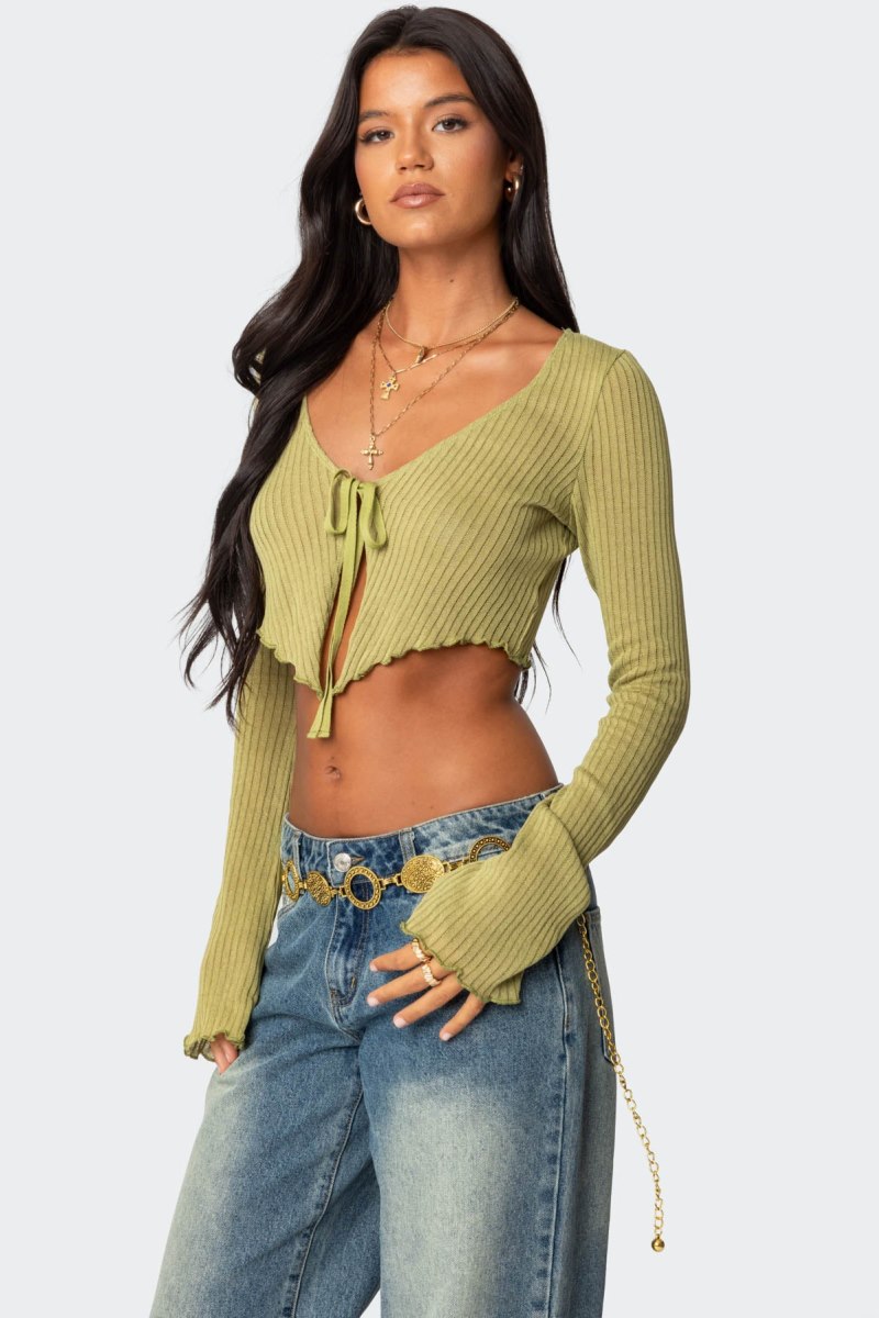 Edikted Bekkah Ribbed Knit Tie Front Crop Tops Olive | USA HZ520802B3