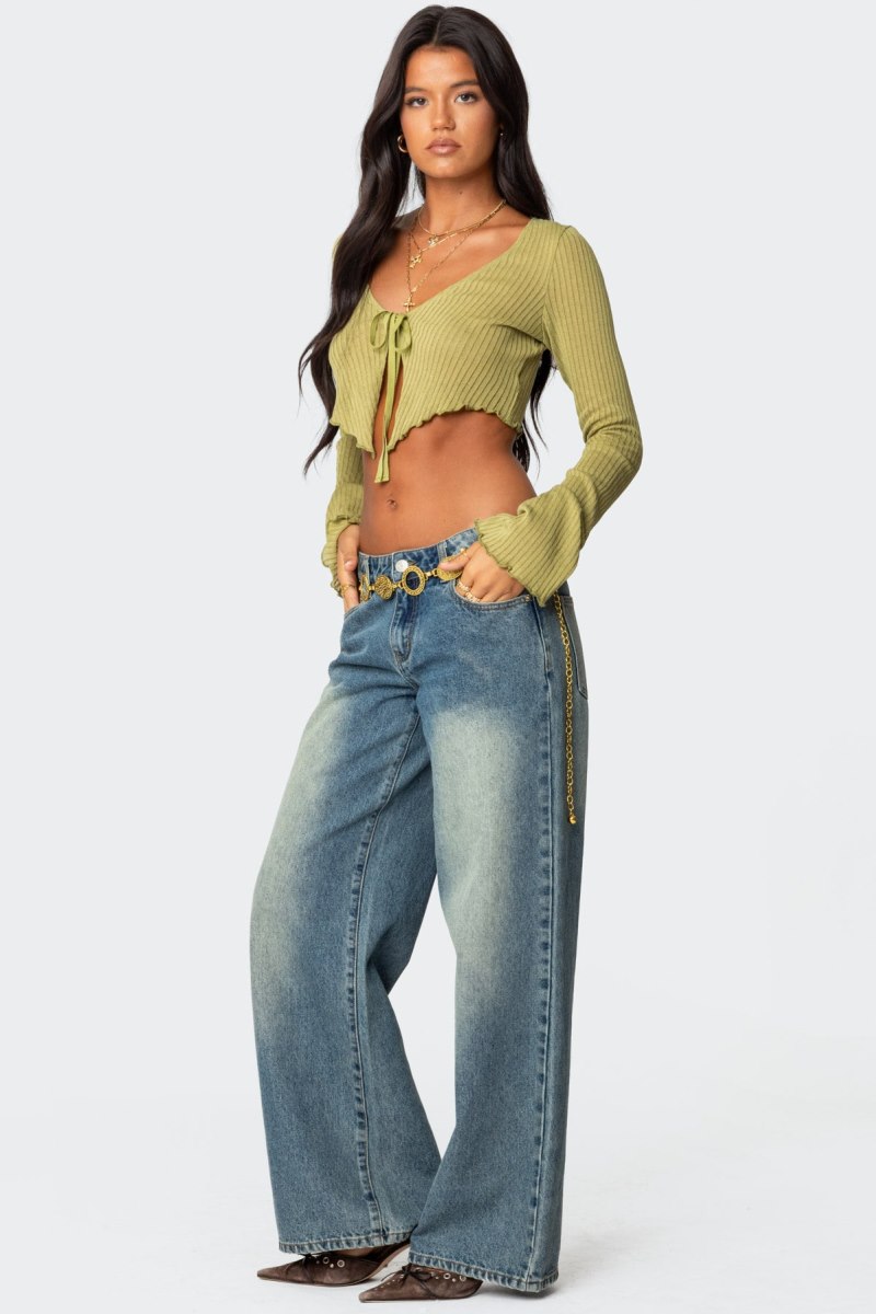 Edikted Bekkah Ribbed Knit Tie Front Crop Tops Olive | USA HZ520802B3