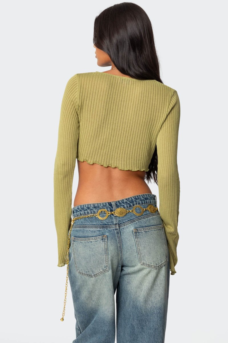 Edikted Bekkah Ribbed Knit Tie Front Crop Tops Olive | USA HZ520802B3