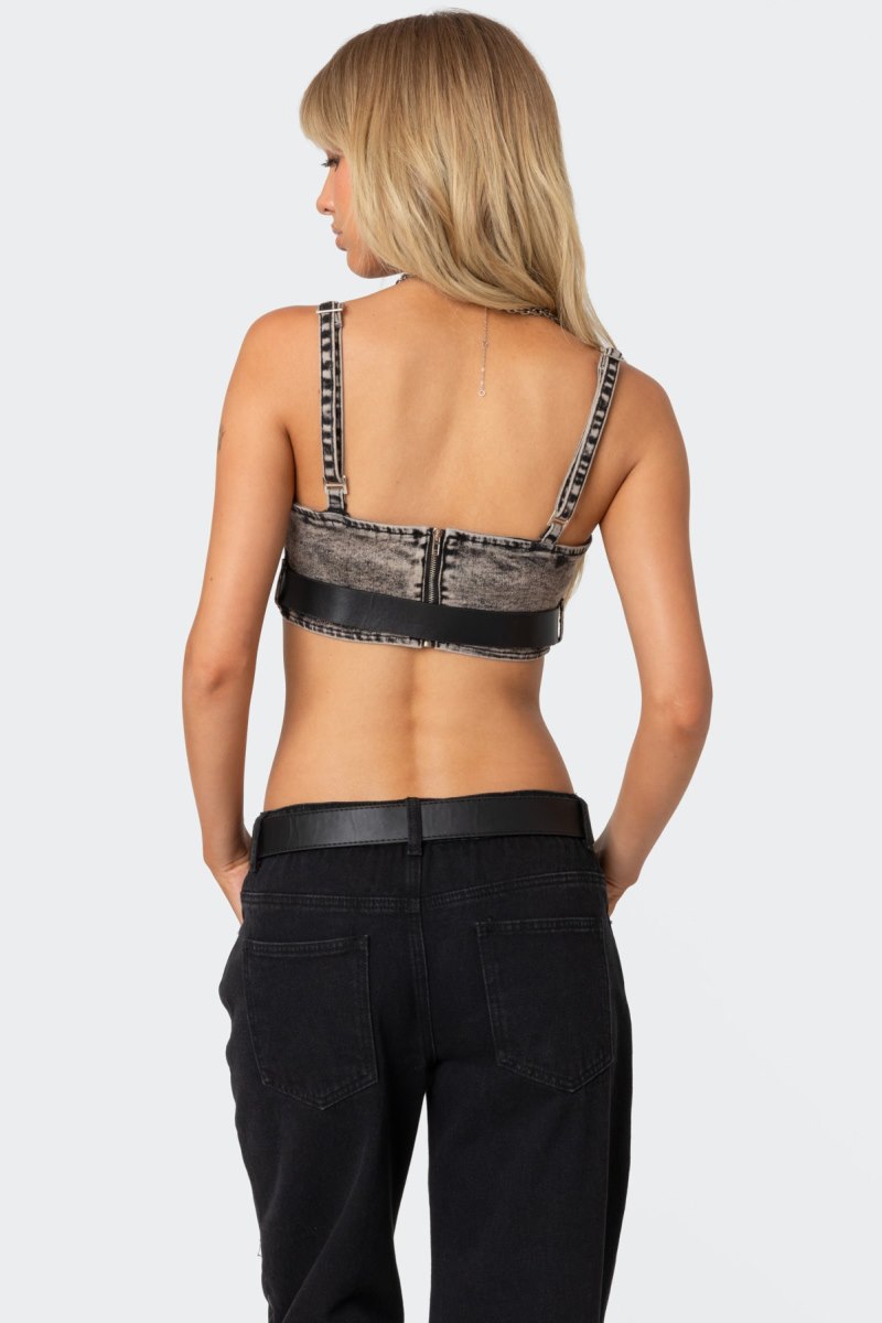 Edikted Belted Crop Denim Tops Dark Gray | USA MA464386U2