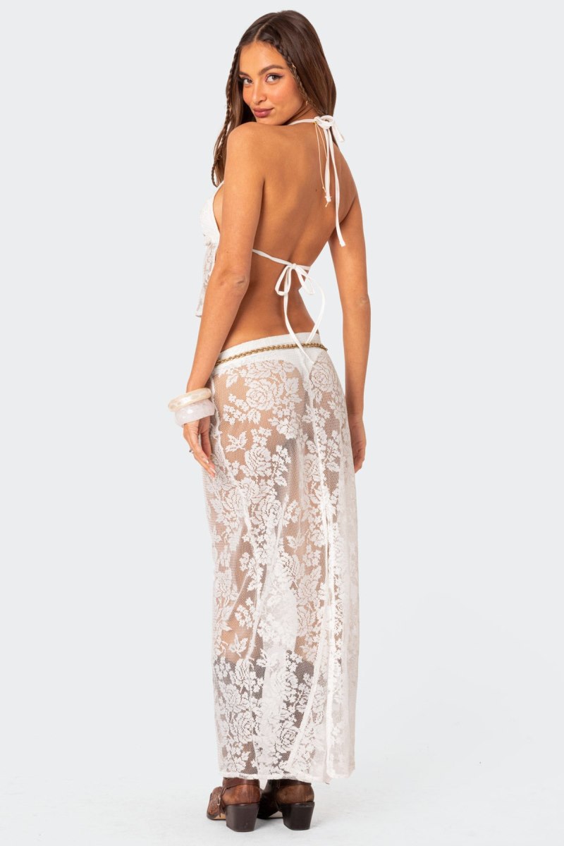 Edikted Bess Open Back Sheer Lace Crop Tops Black | USA TG921322E8