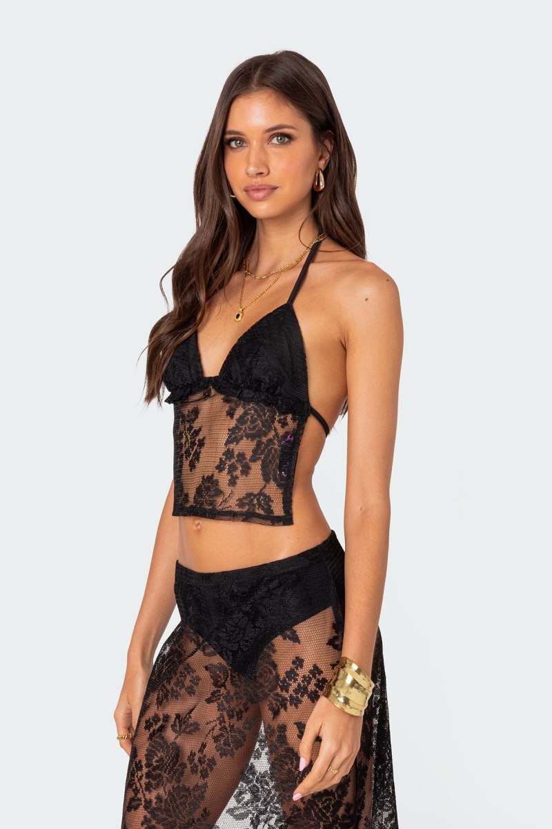 Edikted Bess Open Back Sheer Lace Crop Tops Black | USA AP823902I1