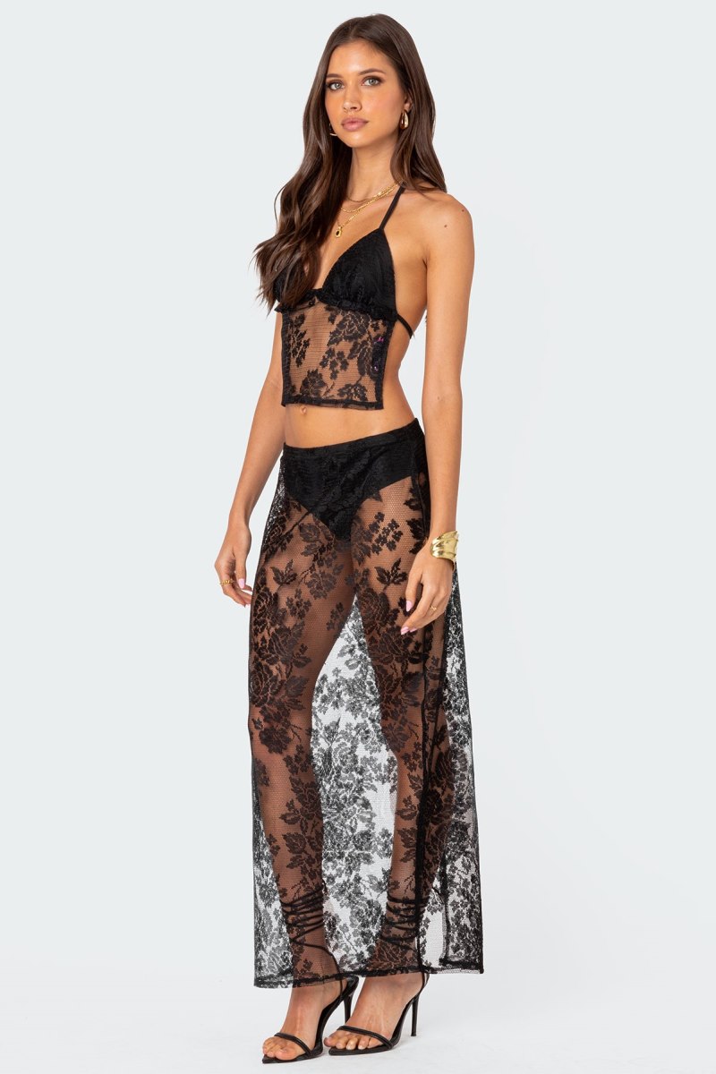 Edikted Bess Open Back Sheer Lace Crop Tops Black | USA AP823902I1
