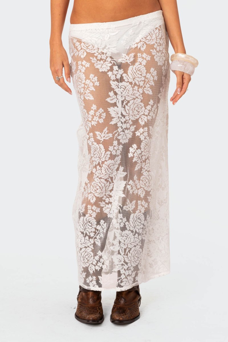 Edikted Bess Sheer Lace Maxi Skirts Black | USA SA883658U4