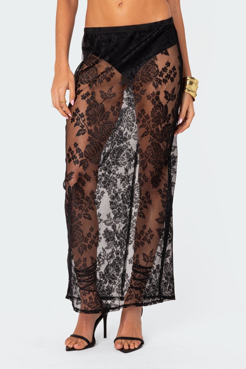 Edikted Bess Sheer Lace Maxi Skirts Black | USA OL048334W2