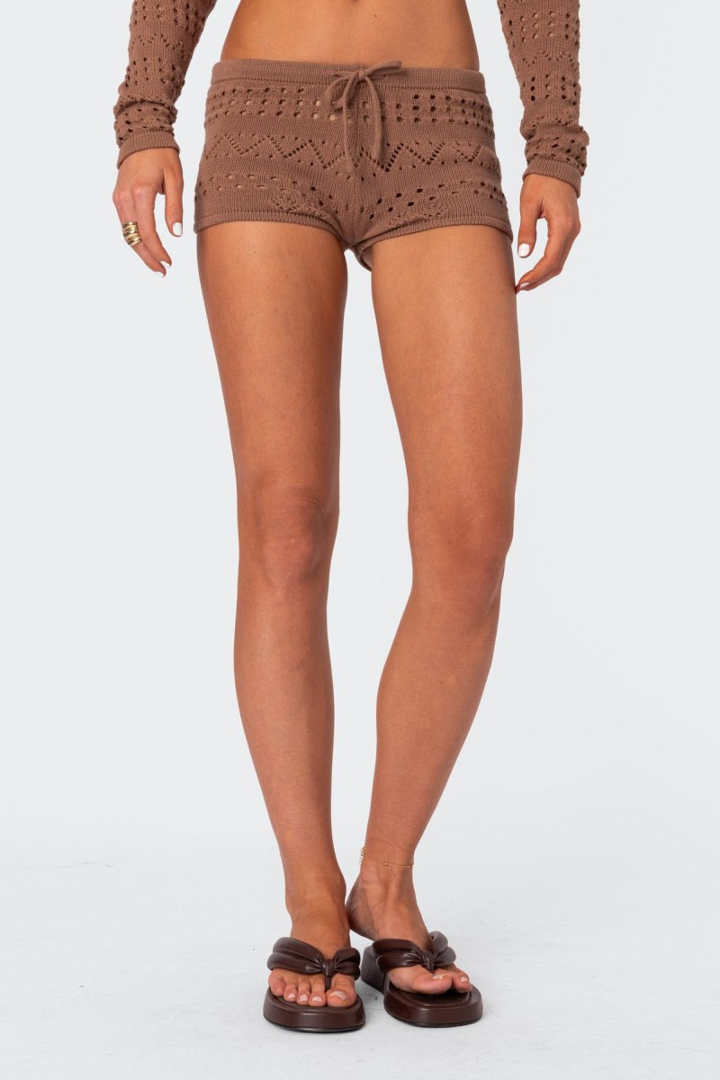 Edikted Betsy Tie Front Knitted Shorts Brown | USA DB167516T5