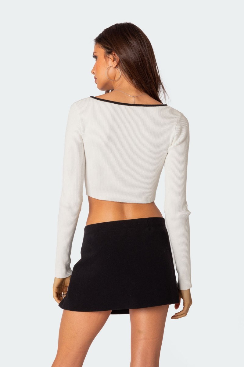 Edikted Billy Bow Cut Out Ribbed Crop Knitted Tops Black And White | USA VN393869I2
