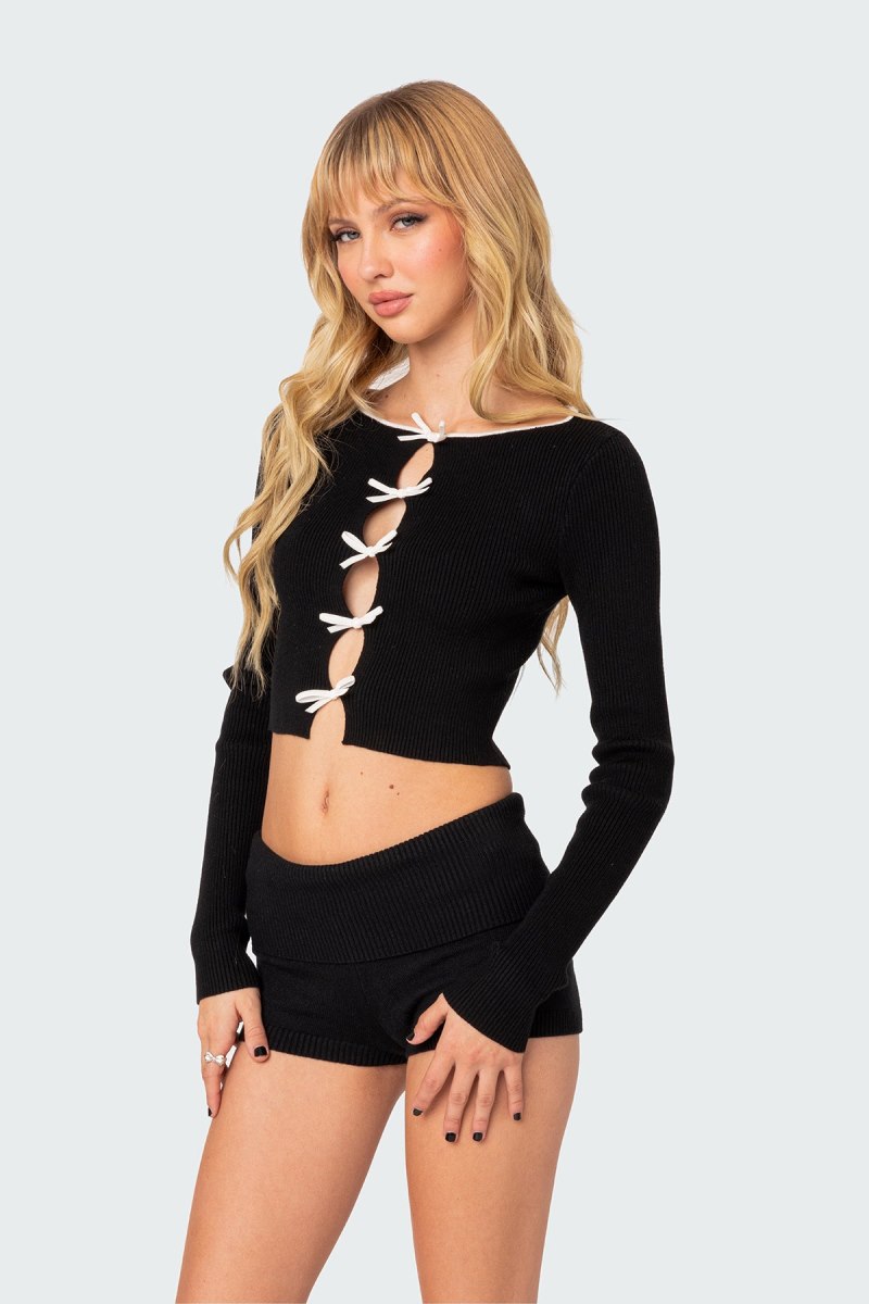 Edikted Billy Bow Cut Out Ribbed Crop Long Sleeve Tops Black And White | USA FJ471267I1