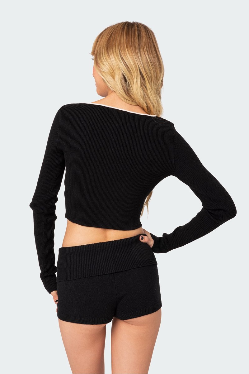 Edikted Billy Bow Cut Out Ribbed Crop Long Sleeve Tops Black And White | USA FJ471267I1