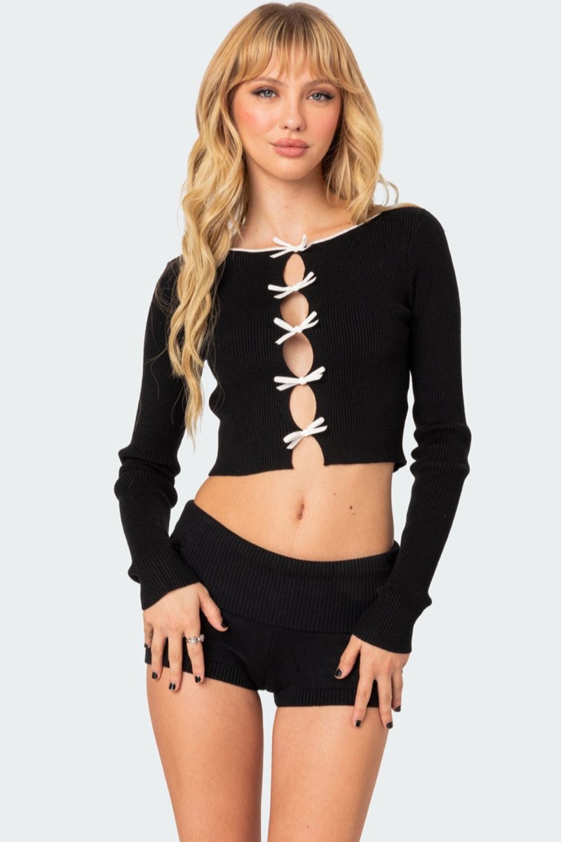 Edikted Billy Bow Cut Out Ribbed Crop Long Sleeve Tops Black And White | USA FJ471267I1