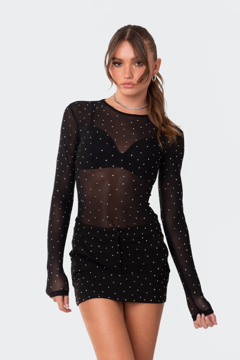 Edikted Bling Rhinestone Sheer Mesh Bodysuit Black | USA ZU120182Z1
