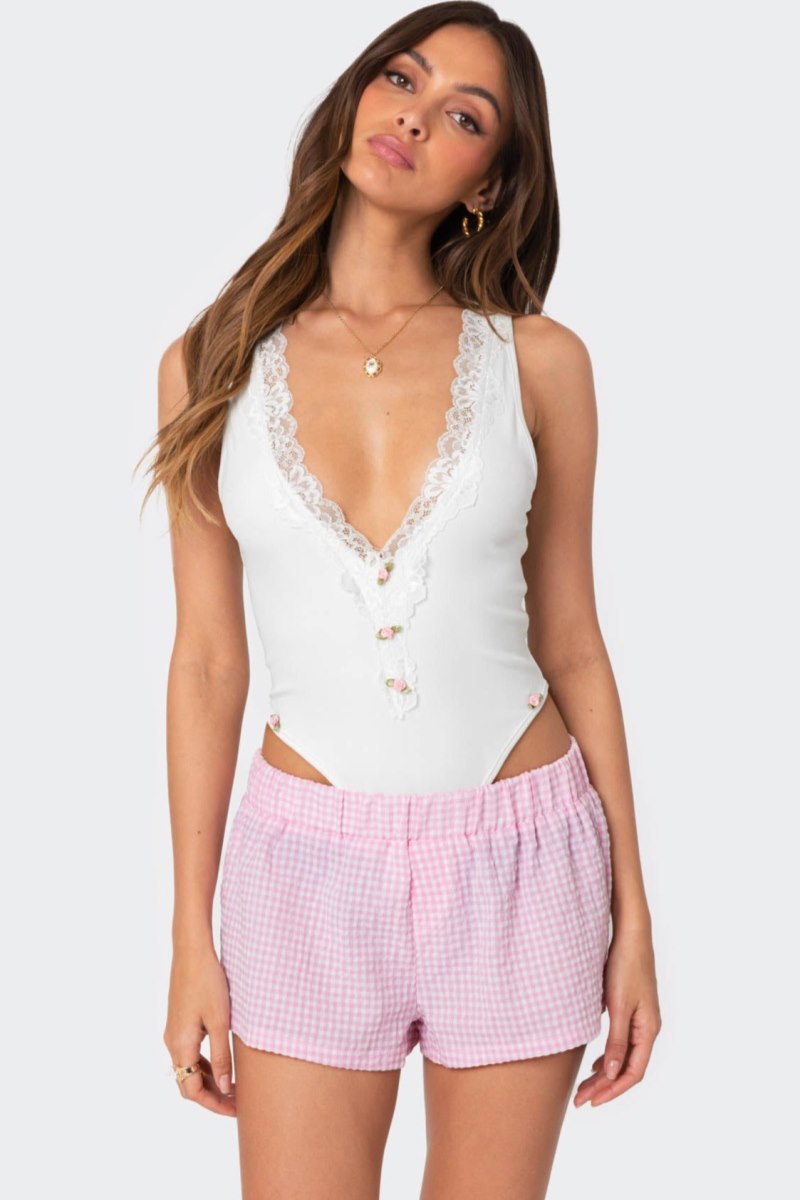 Edikted Bloom Lace Trim Ribbed Bodysuit White | USA GA637853Z0
