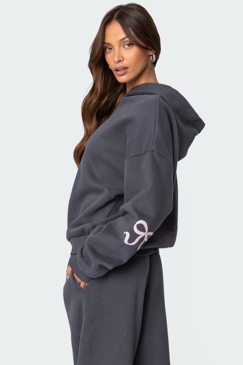 Edikted Bonney Bow Detail Hoodie Long Sleeve Tops Dark Gray | USA TK558705P1
