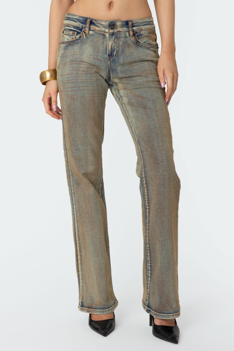 Edikted Boot Cut Low Rise Mud Washed Jeans Blue Vintage Washed | USA FZ828942K9