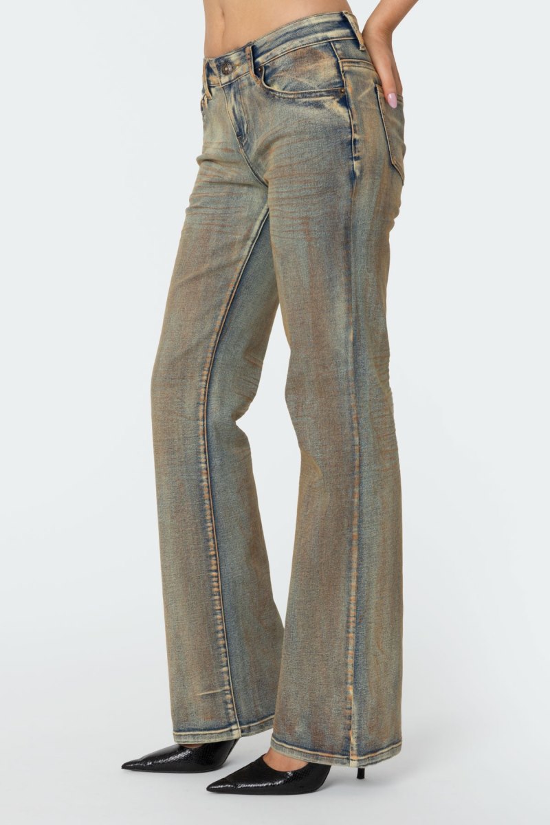 Edikted Boot Cut Low Rise Mud Washed Jeans Blue Vintage Washed | USA FZ828942K9