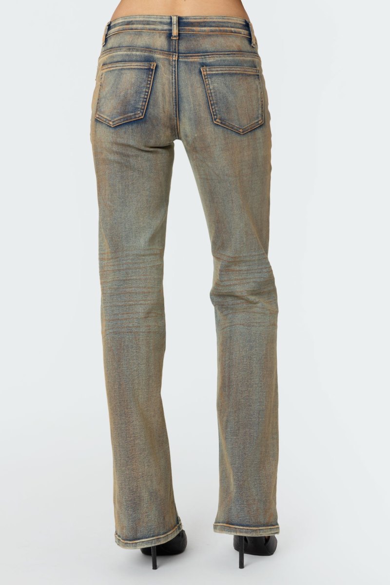 Edikted Boot Cut Low Rise Mud Washed Jeans Blue Vintage Washed | USA FZ828942K9