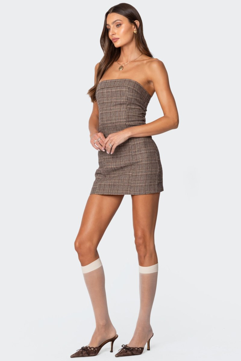 Edikted Boss Mode Plaid Mini Cut Out Dress Brown | USA XY263256Q2