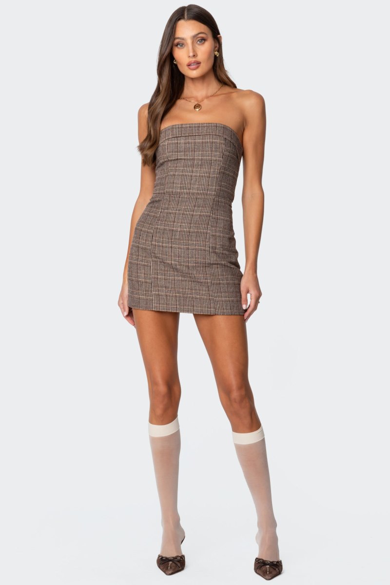 Edikted Boss Mode Plaid Mini Cut Out Dress Brown | USA XY263256Q2
