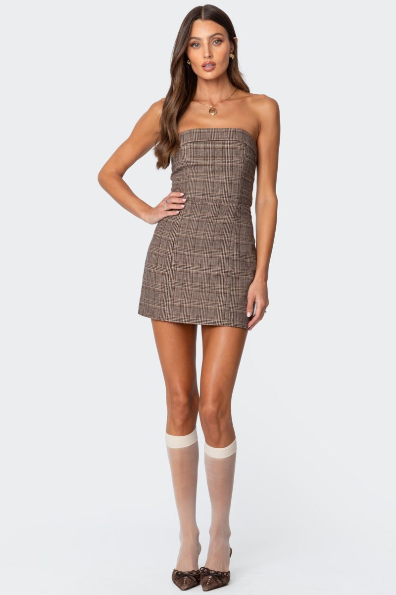 Edikted Boss Mode Plaid Mini Cut Out Dress Brown | USA XY263256Q2