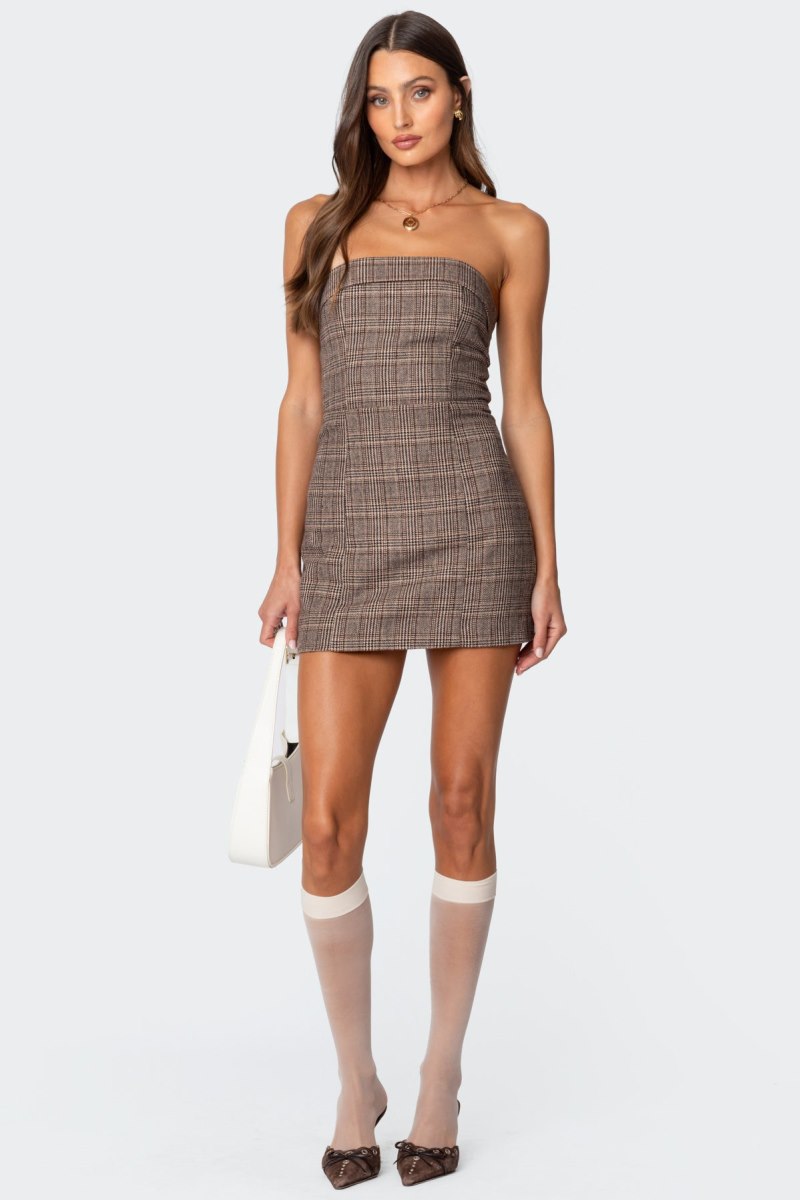 Edikted Boss Mode Plaid Mini Cut Out Dress Brown | USA XY263256Q2