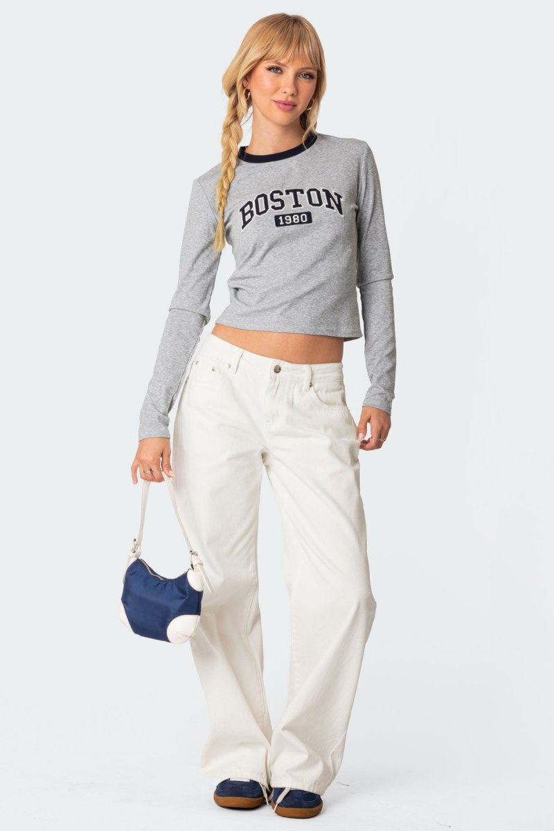 Edikted Boston Long Sleeve T Shirt Graphic Tops Gray Melange | USA NH324312G1