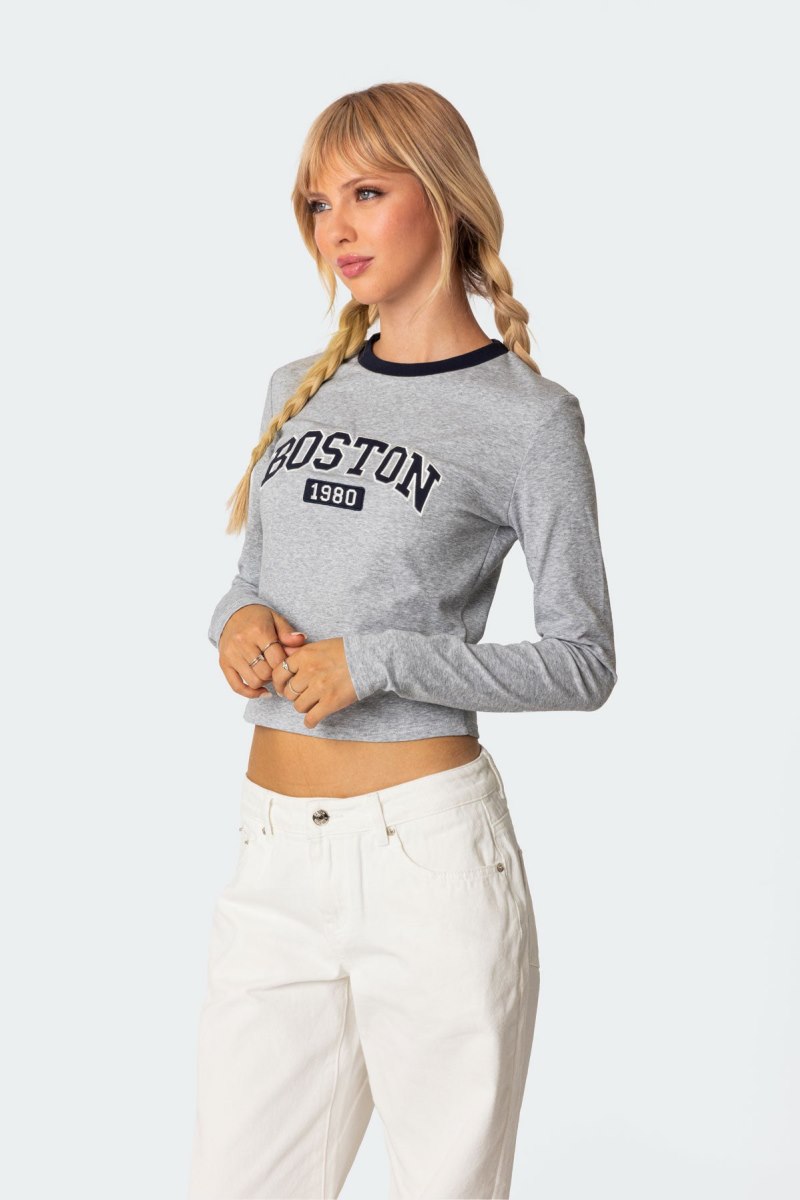 Edikted Boston Long Sleeve T Shirt Graphic Tops Gray Melange | USA NH324312G1