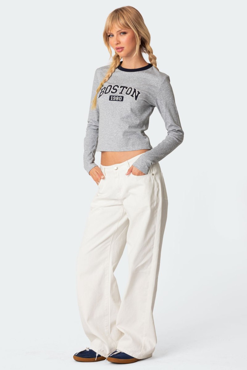 Edikted Boston Long Sleeve T Shirt Graphic Tops Gray Melange | USA NH324312G1