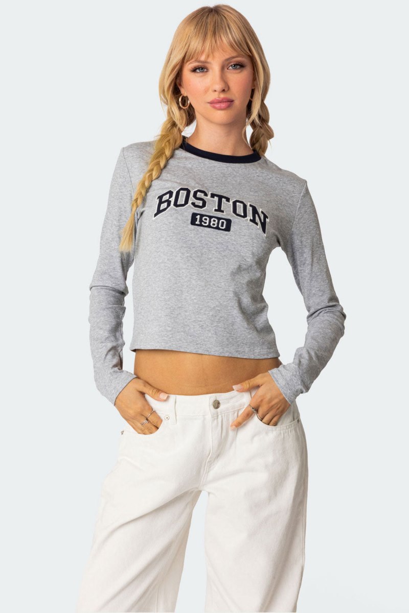 Edikted Boston Long Sleeve T Shirt Graphic Tops Gray Melange | USA NH324312G1