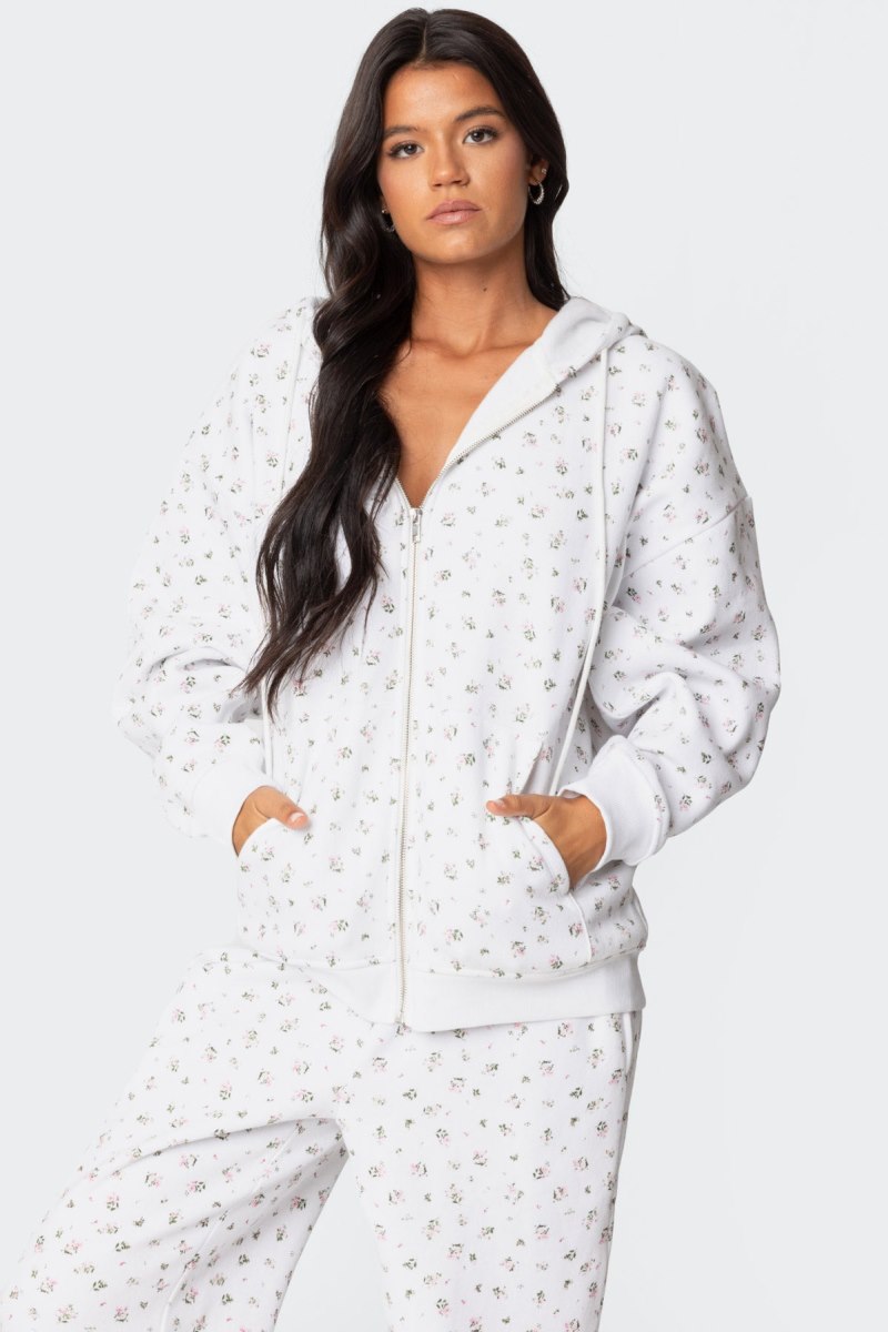 Edikted Bouquet Oversized Zip Up Hoodie Long Sleeve Tops Cream | USA GO705670I0